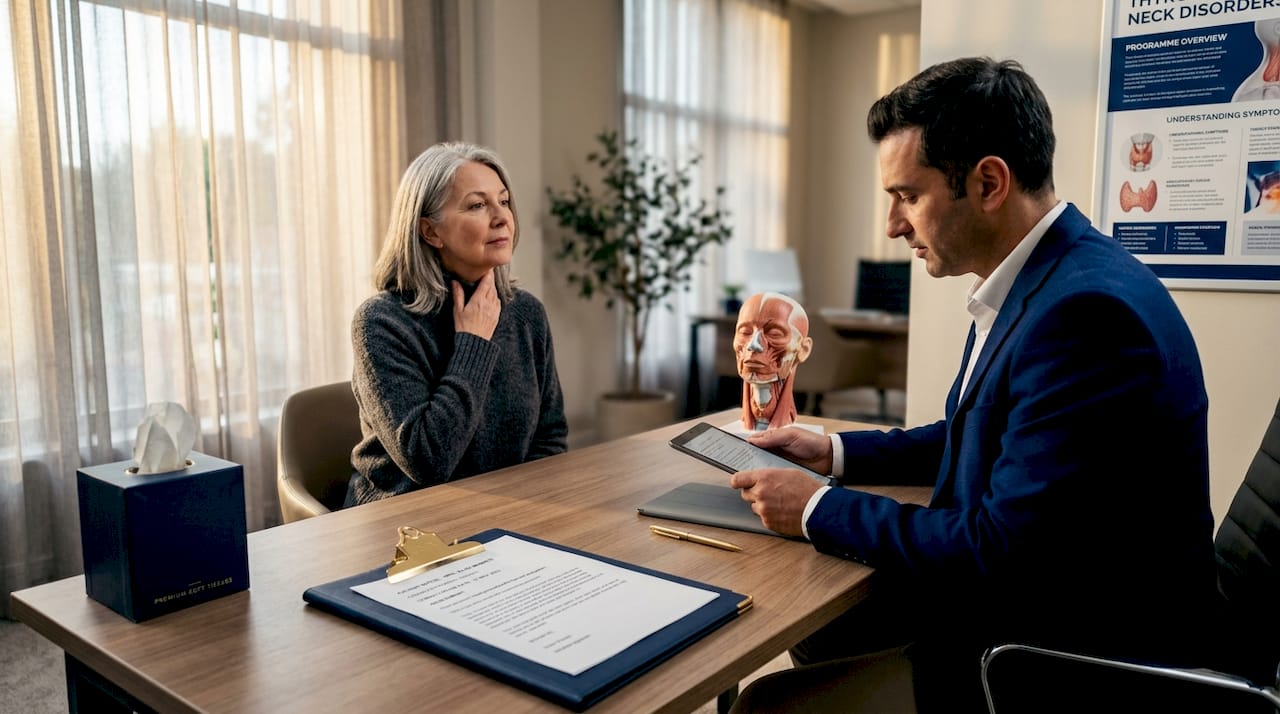 Mature woman discussing neck lift consultation