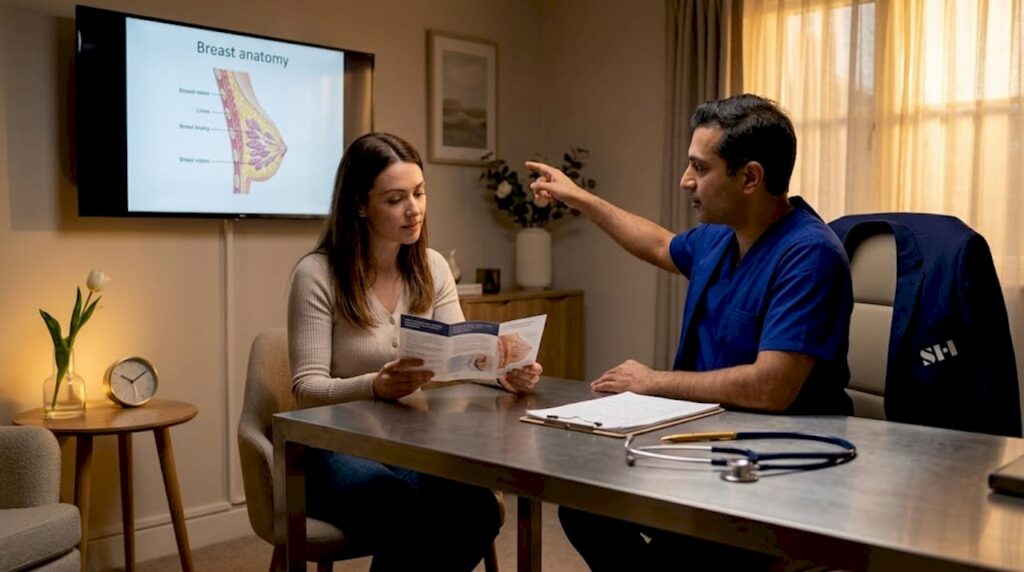 Patient consulting surgeon about breast implant removal