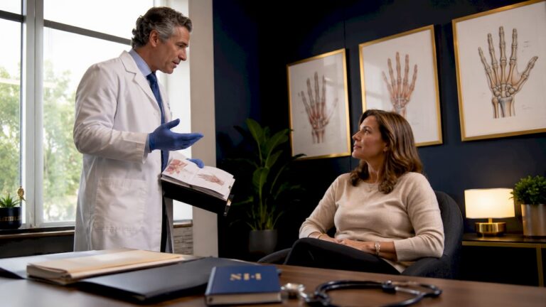 Surgeon consulting patient about hand surgery options