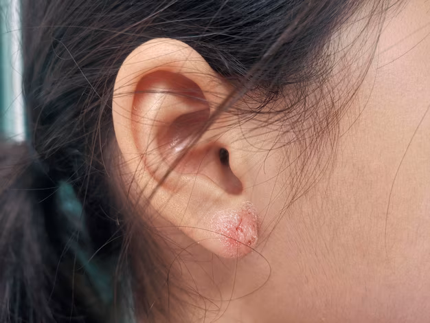 Close-up of a sore earlobe piercing