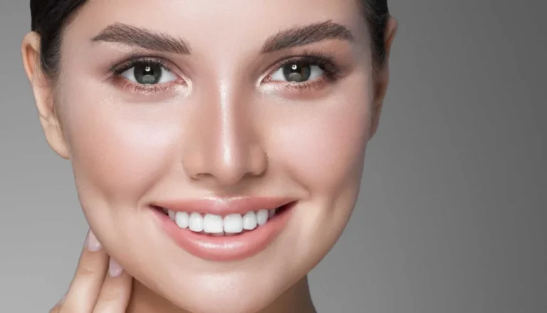 Smiling woman touching her face