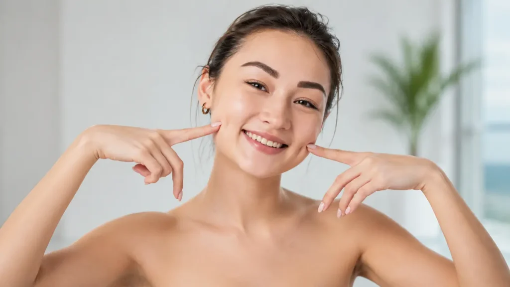 Woman smiling and pointing to her cheeks