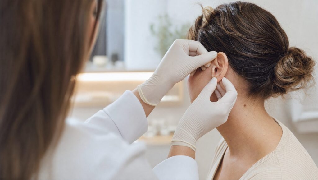 Clinician examining a woman's earlobe